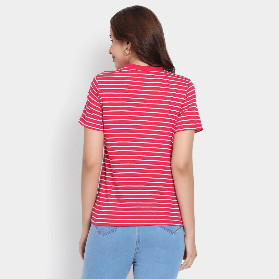 Ladies'  Stripes Round Neck T-Shirt, रानी (फ्यूशिया), large image number null