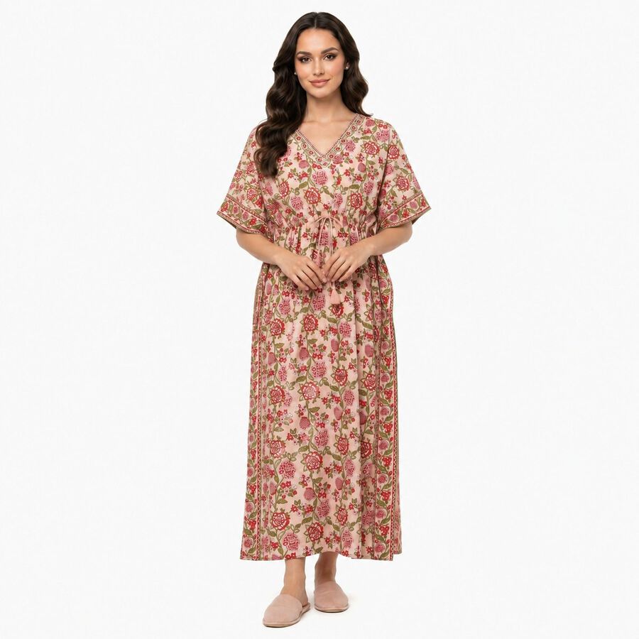 Women's Light Pink V-Neck Kaftan Nighty, Light Pink, large