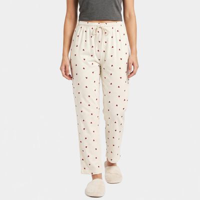 Women's Off White Straight Fit Heart Printed Pyjama