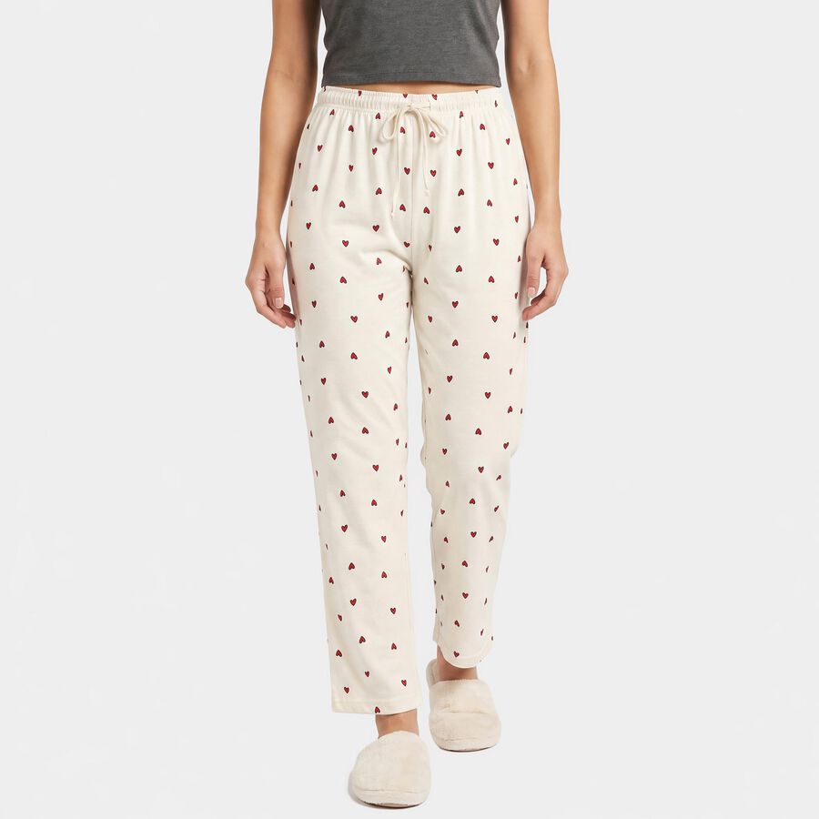 Women's Off White Straight Fit Heart Printed Pyjama, ऑफ व्हाइट, large