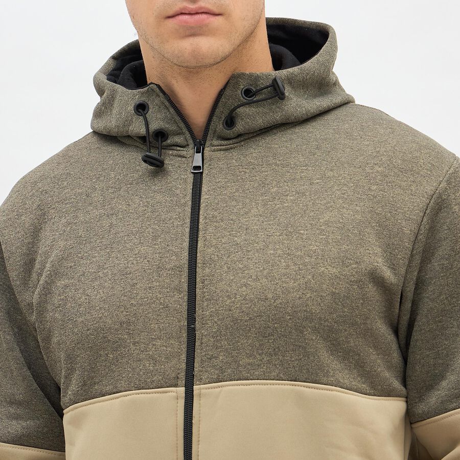 Men's Muted Olive Green and Beige Hoodie Neck Casual Sweatshirt, Beige, large image number null