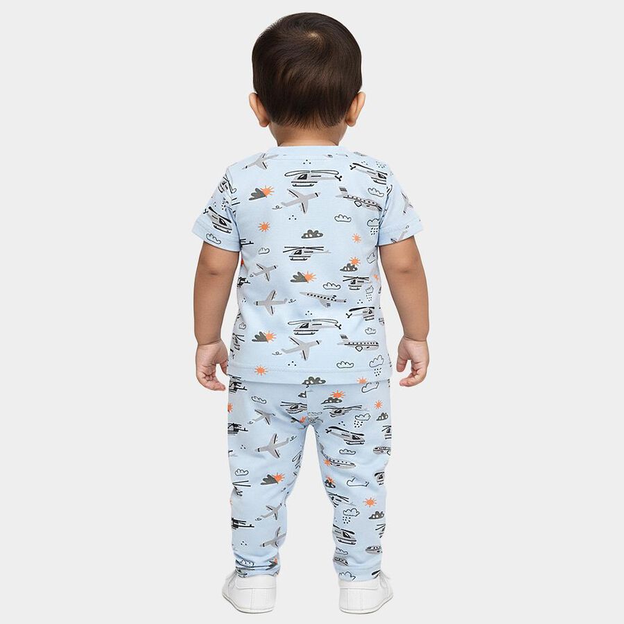 Infant's Pale Powder Blue Cotton Round Neck Airplane Print Night Suit, Light Blue, large