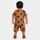 Infants' Brown 100% Cotton Round Neck Mickey Print Baba Suit, Beige, small