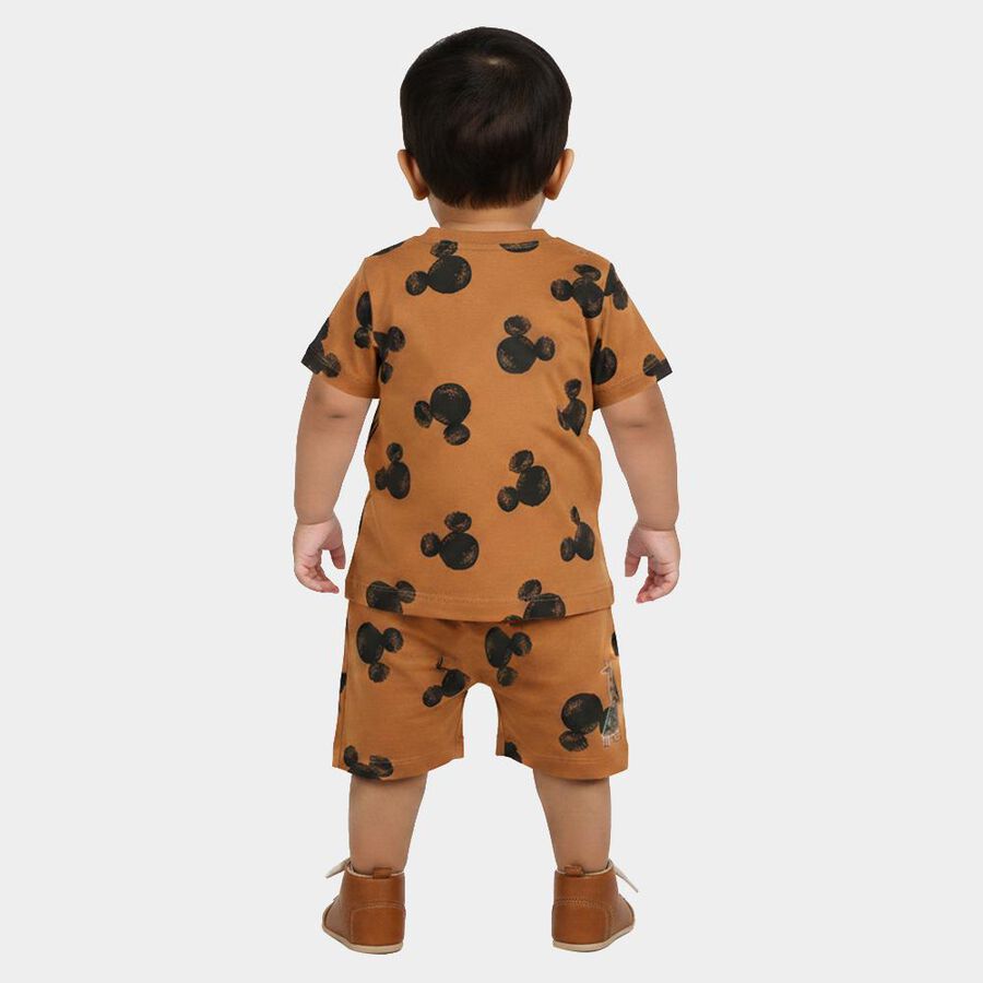 Infants' Brown 100% Cotton Round Neck Mickey Print Baba Suit, Beige, large