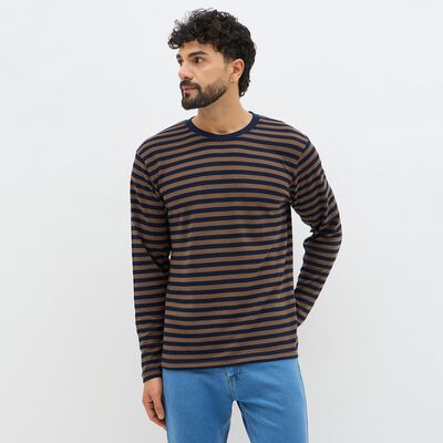 Men's Brown and Navy Crew Neck Casual T-Shirt