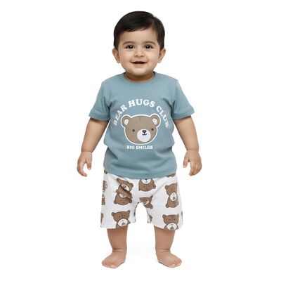 Infants' Blue Cotton Round Neck Graphic Baba Suit