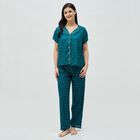 Women's Dark Teal Green Button-Down Printed Night Suit, Dark Green, small