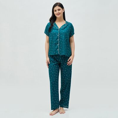 Women's Dark Teal Green Button-Down Printed Night Suit