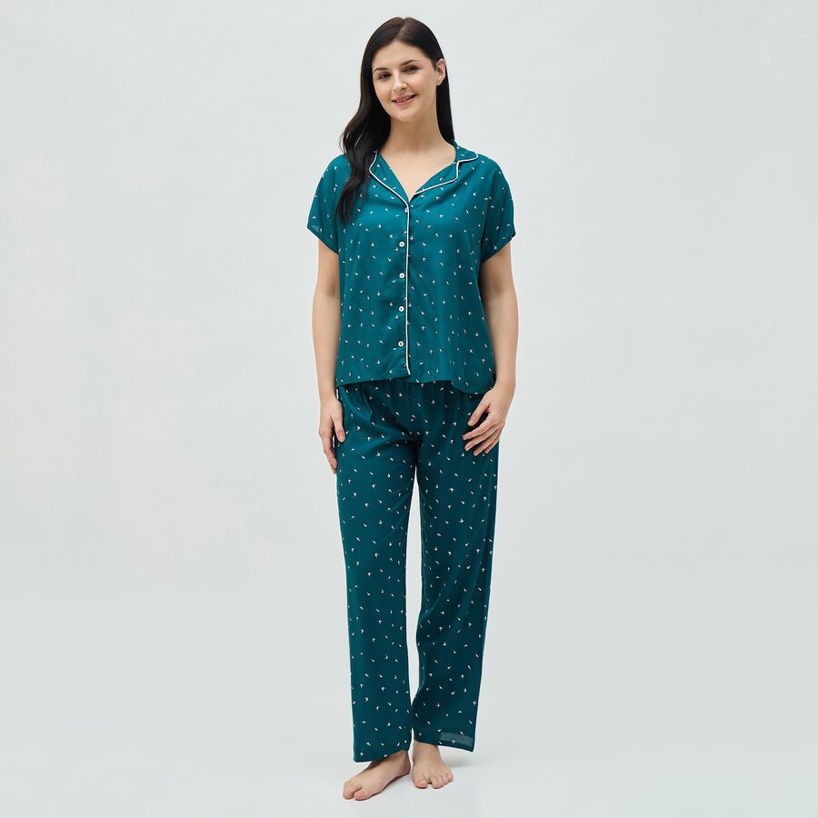 Women's Dark Teal Green Button-Down Printed Night Suit, Dark Green, large