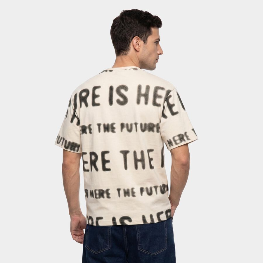 Men's Cream Round Neck Graphic Print Regular T-Shirt, Off White, large