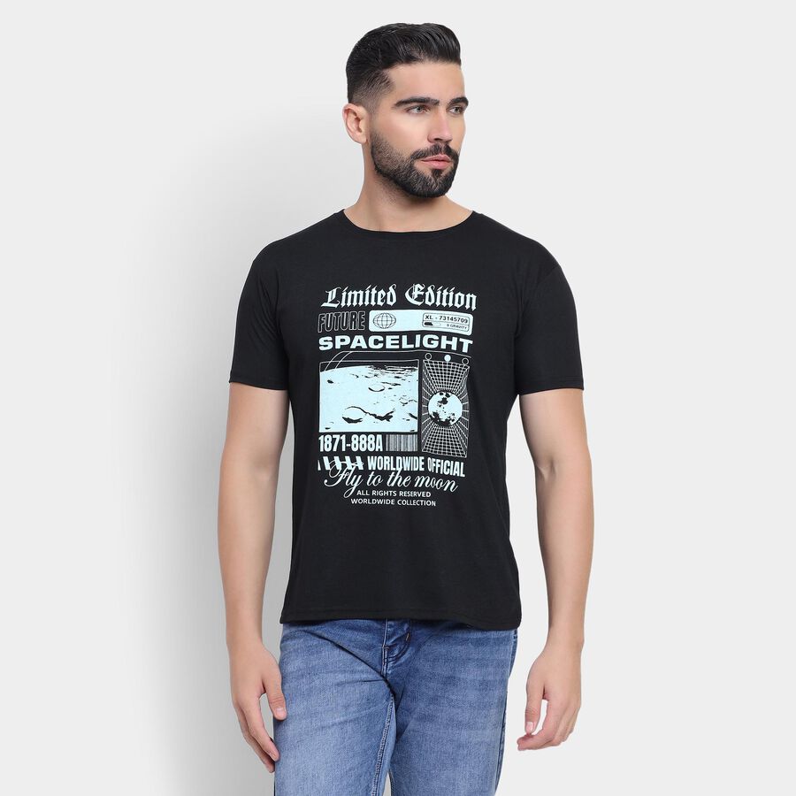 Men's Round Neck Half Sleeves T-Shirt, काला, large