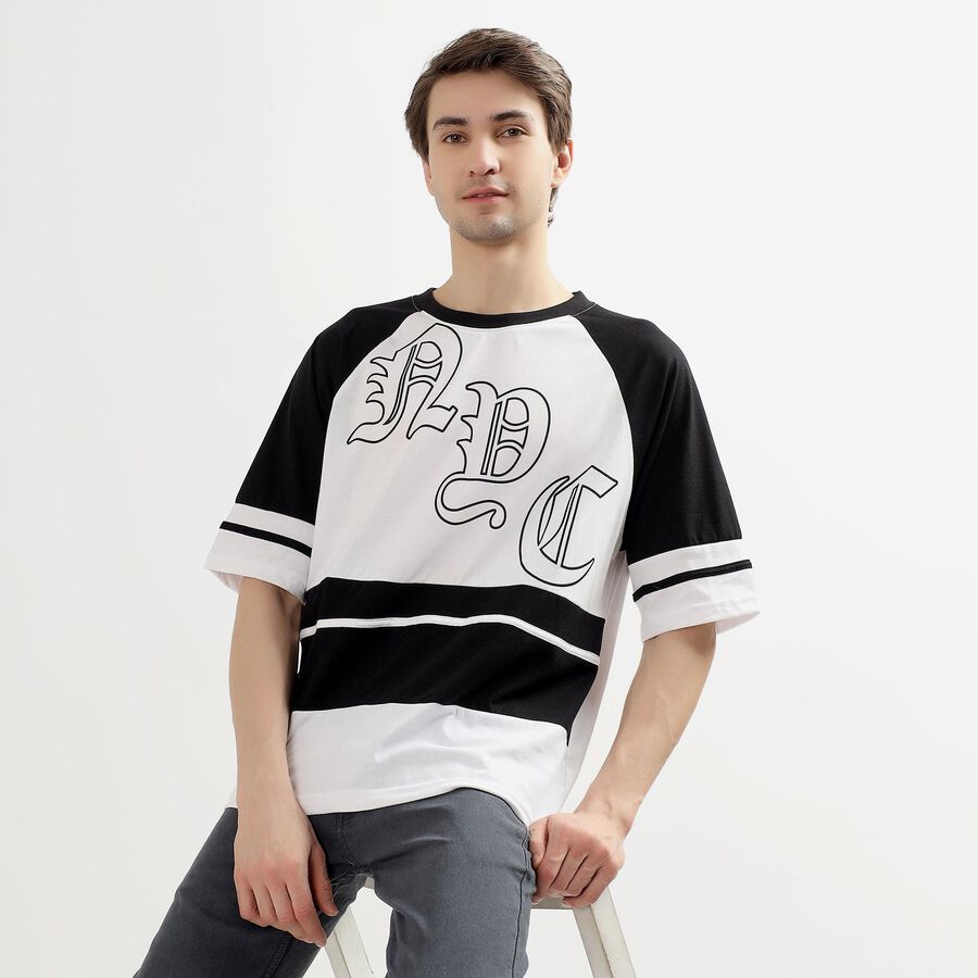 Men's Black and White Round Neck Casual Printed T-Shirt, Black, large image number null