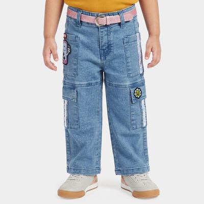 Girls' Light Blue Cargo Fit Patch Detail Jeans