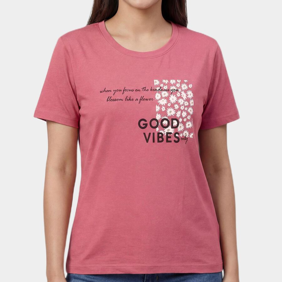 Women's Pink Round Neck Casual T-Shirt, Pink, large