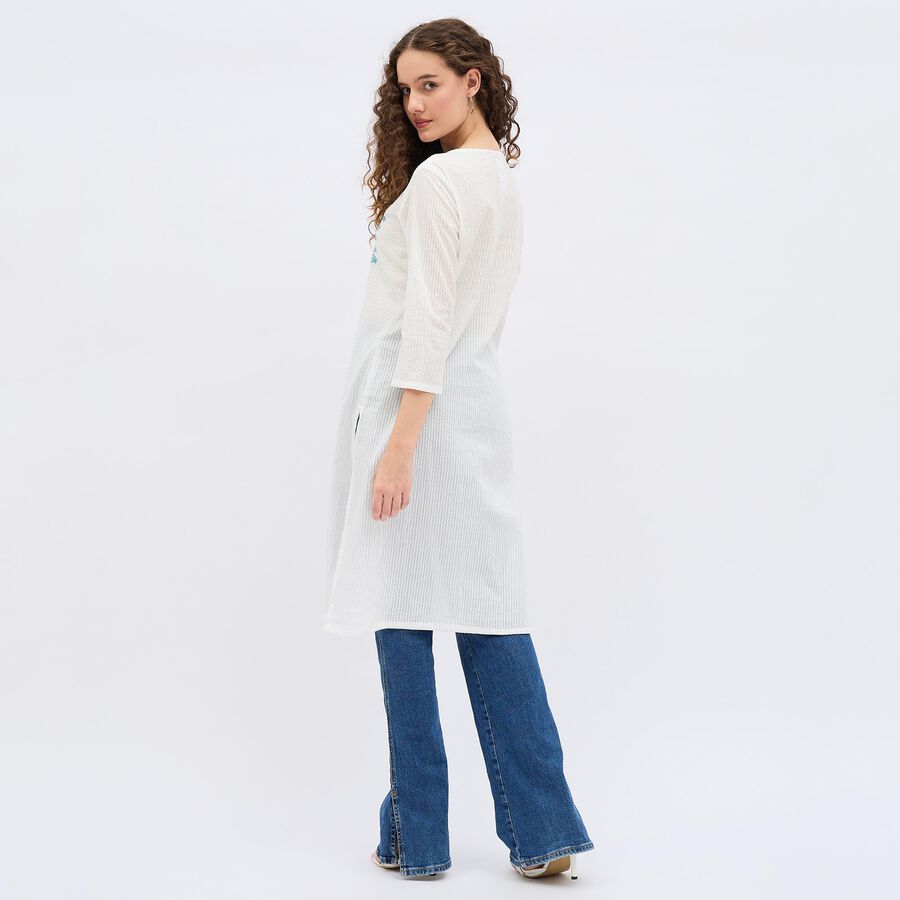 Women's Deep Teal Blue Cotton Round Neck Embroidered Kurta, टील ब्लू, large image number null