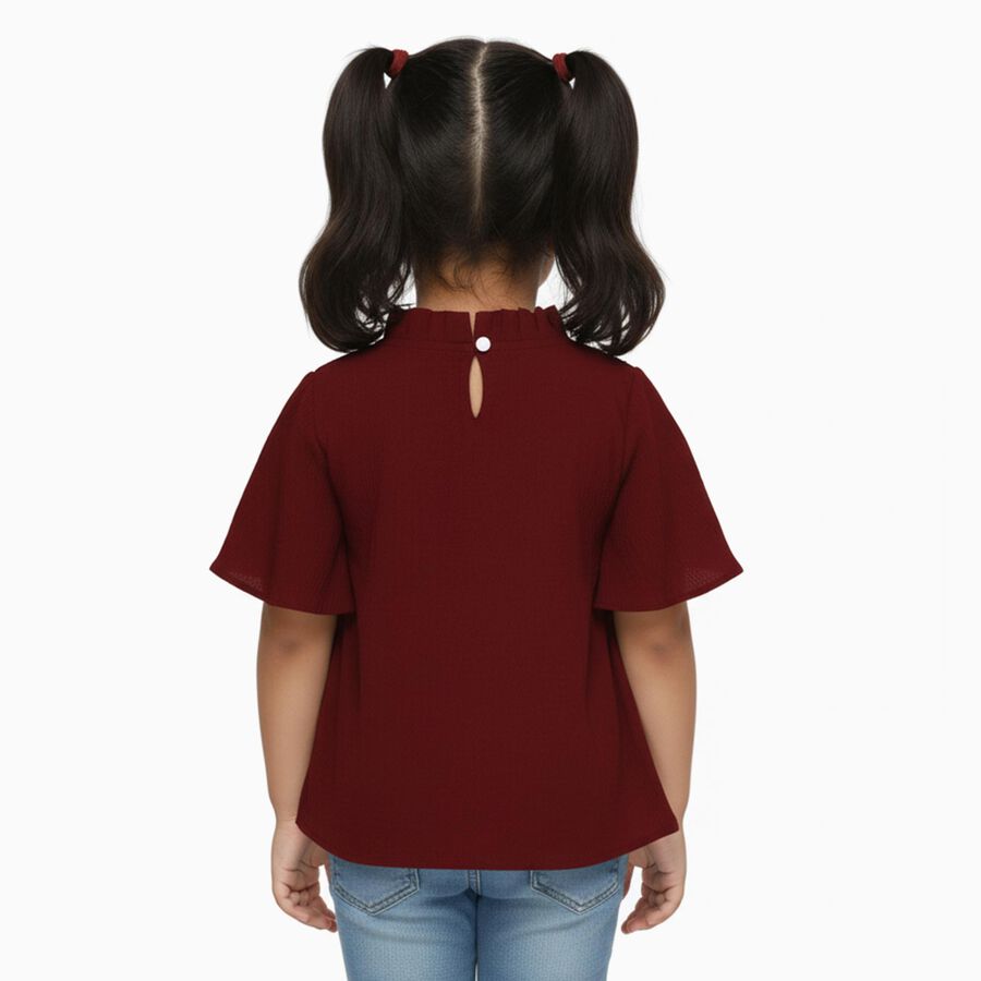 Girls' Deep Maroon Ruffle Neck Casual T-Shirt, वाइन, large