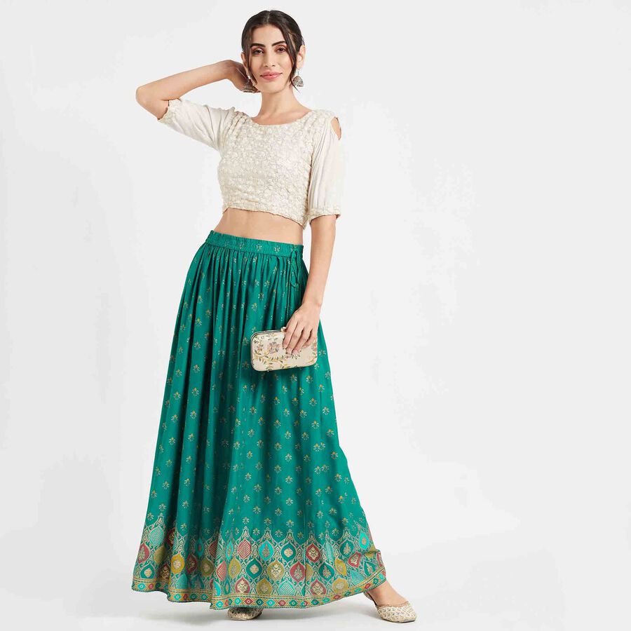 Printed Lehenga Skirt, Teal Blue, large image number null