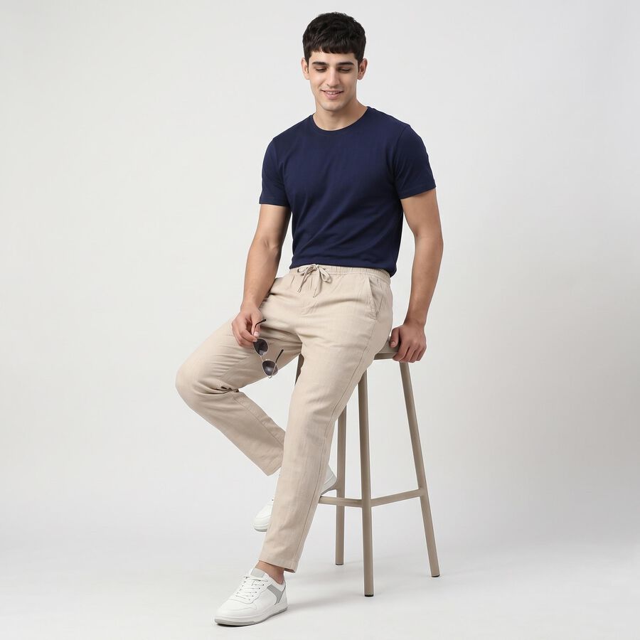 Men's Grey Slim Fit Drawstring Casual Trousers, हल्का ग्रे, large