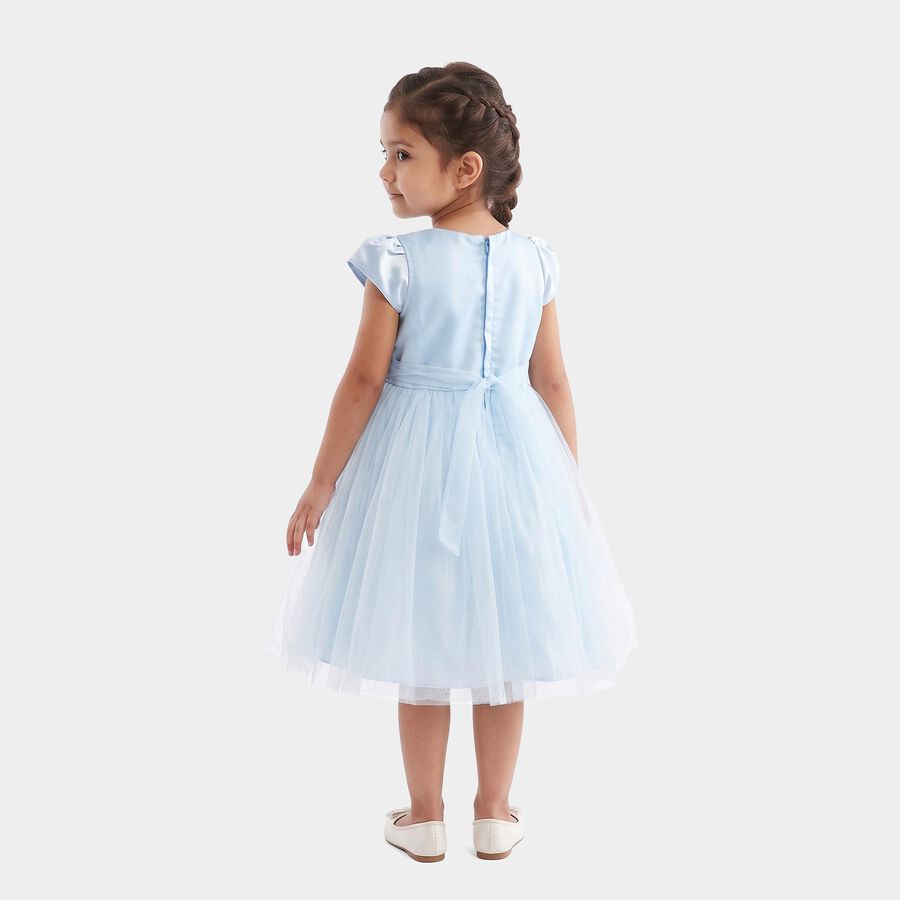Girls' Light Blue Fit and Flare Floral Applique Party Wear Frock, हल्का नीला, large