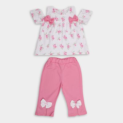 Girls' Bright Pink Cold Shoulder Floral Top and Capri Set