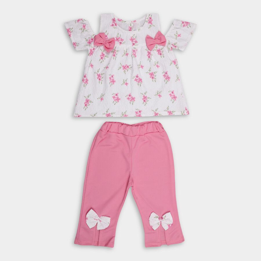 Girls' Bright Pink Cold Shoulder Floral Top and Capri Set, Light Pink, large image number null