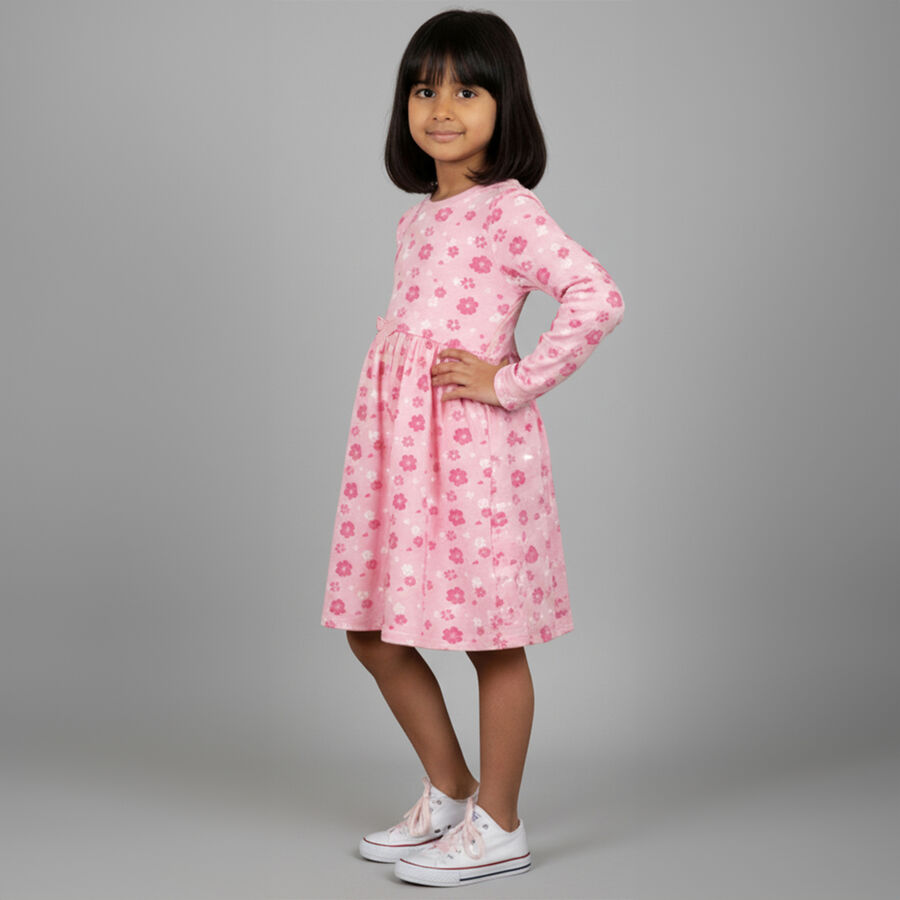 Girls' Soft Pink Floral Printed Long Sleeve Frock, Light Pink, large image number null