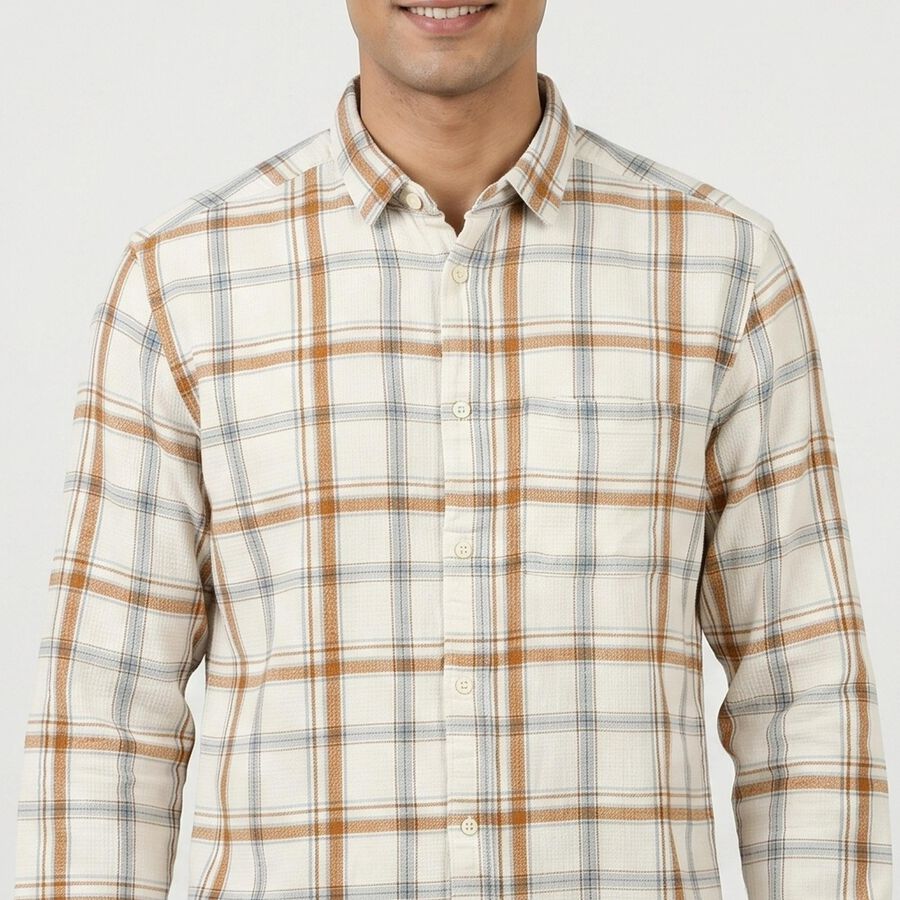 Men's Beige Cotton Long Sleeves Button-Down Regular Fit Shirt, गहरा पीला, large