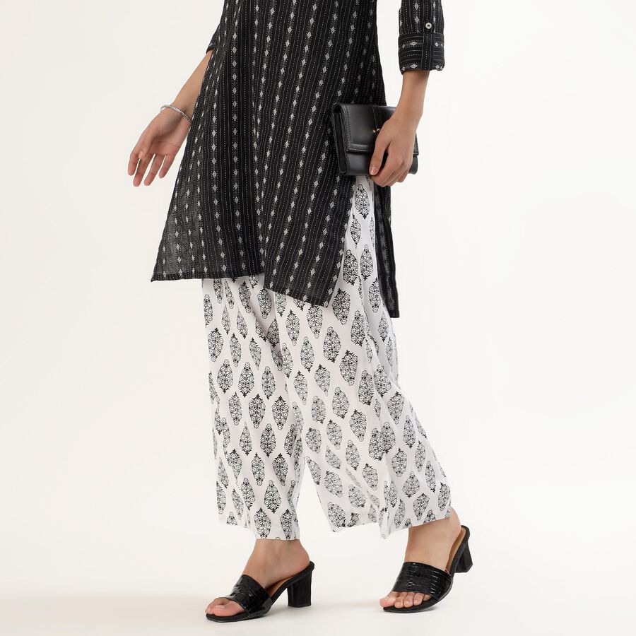 Women's White and Black Printed Wide-Leg Palazzos, Off White, large image number null