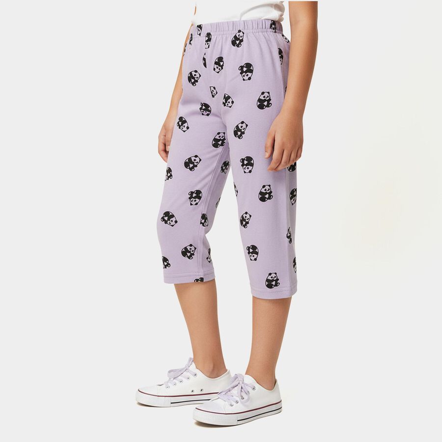 Girls' Lavender Regular Fit Panda Printed Elastic Waist Capri, Lilac, large
