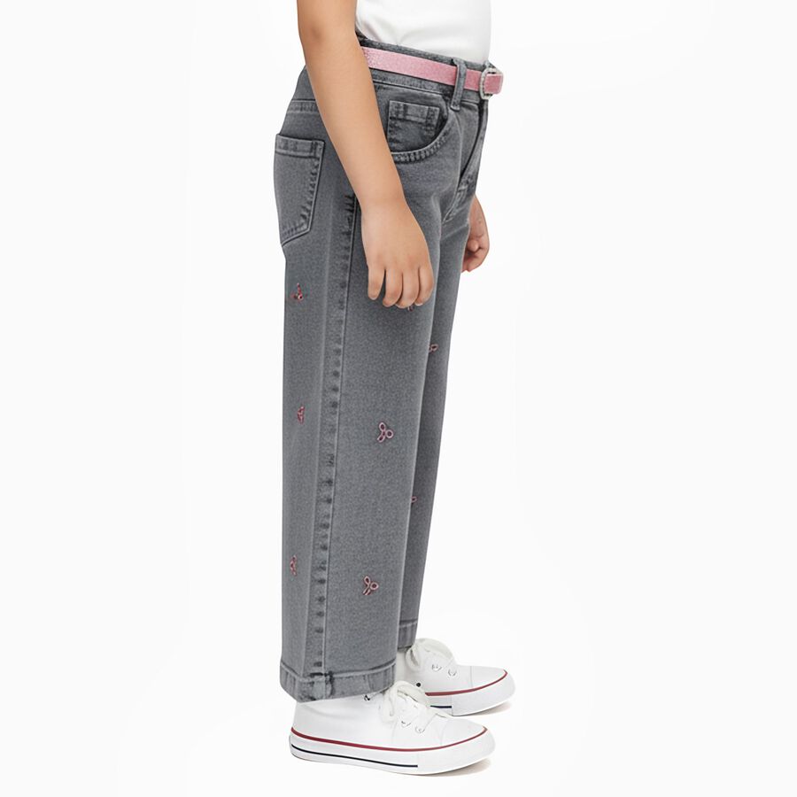 Girls' Muted Charcoal Grey Wide-Leg Embroidered Jeans, हल्का ग्रे, large image number null