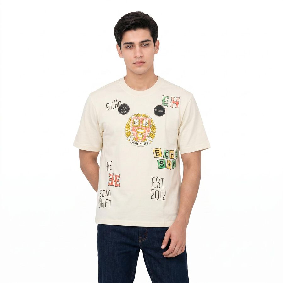 Men's White Cotton Round Neck Regular T-Shirt, Off White, large