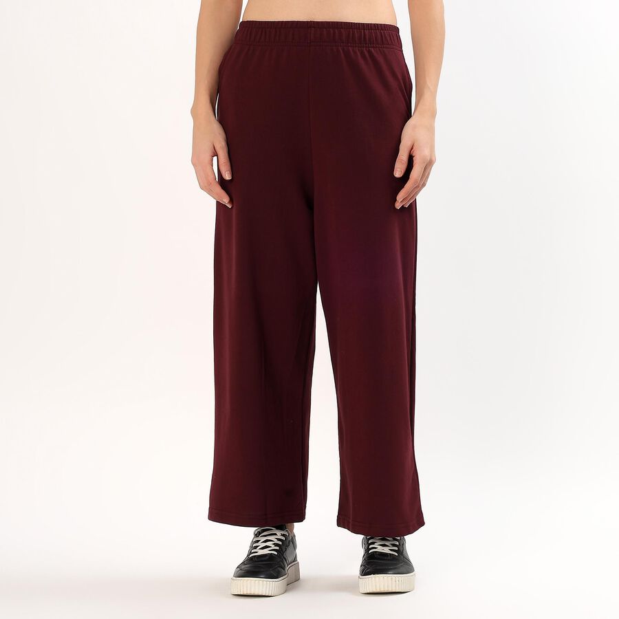 Women's Deep Maroon Wide-Leg Cotton Blend Track Pants, Wine, large image number null