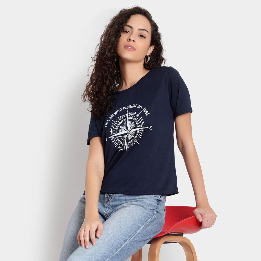 Solid Round Neck T-Shirt, Navy Blue, large image number null