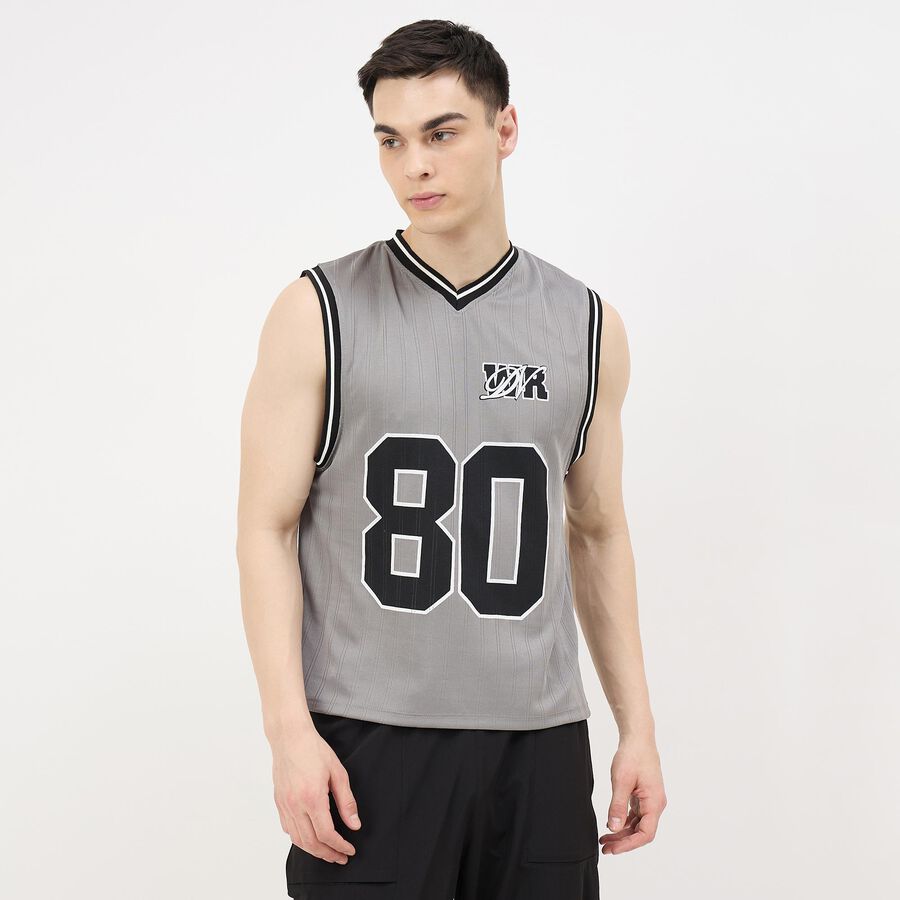 Men's Grey Round Neck Printed Athleisure T-Shirt, Dark Grey, large