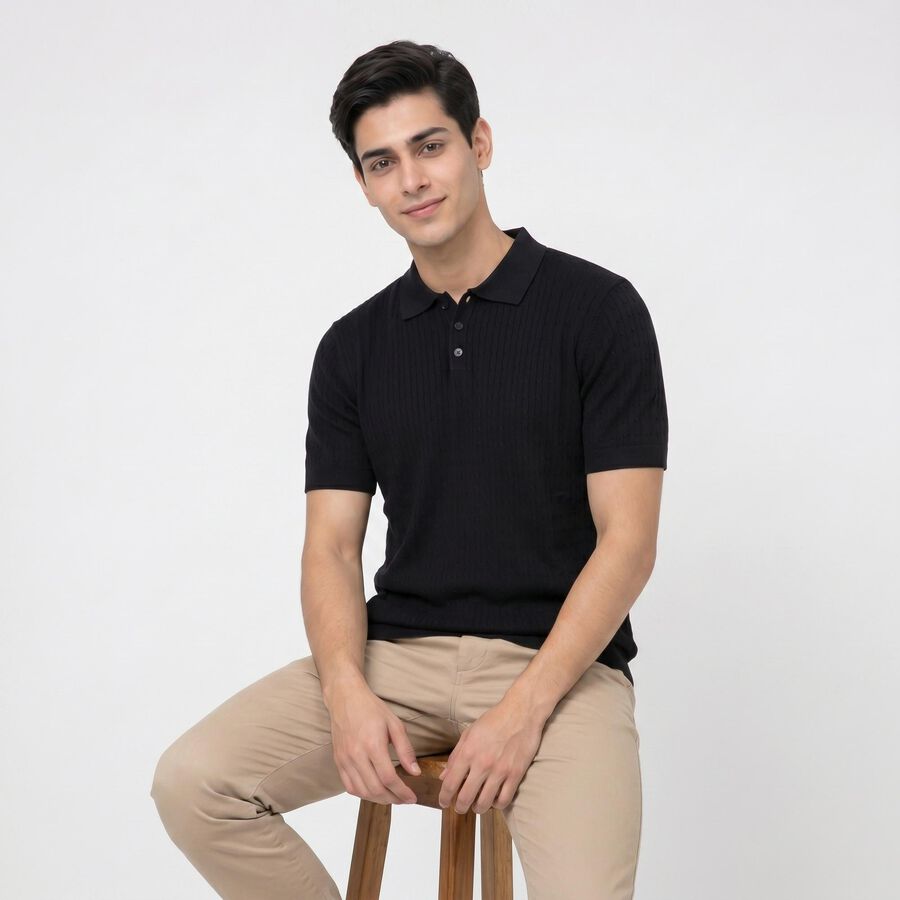 Men's Navy Blue Cotton Polo Neck Solid T-Shirt, Navy Blue, large