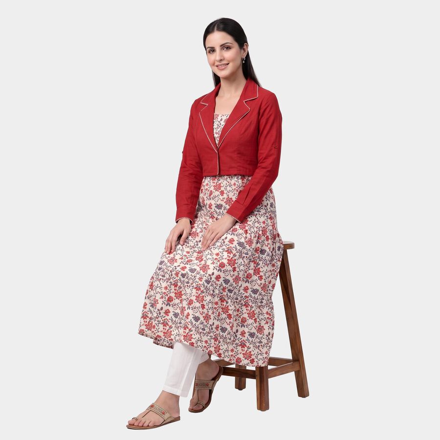 Women's Wine Cotton Lapel Collar Floral Printed A-Line Kurta, Wine, large
