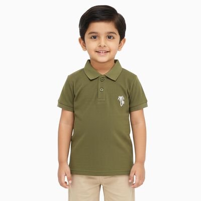 Boys Muted Olive Green Polo Neck Casual T-Shirt
