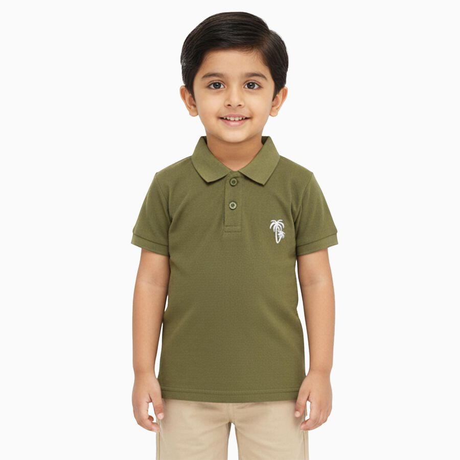 Boys Muted Olive Green Polo Neck Casual T-Shirt, Olive, large