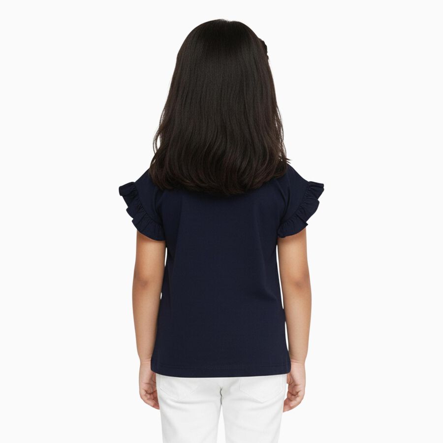 Girls' Navy Blue Cotton Round Neck Ruffle Sleeve Graphic T-Shirt, Navy Blue, large image number null