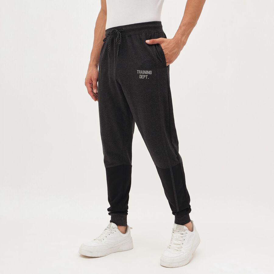 Men's Charcoal Black Regular Fit Panelled Track Pants, Charcoal, large image number null