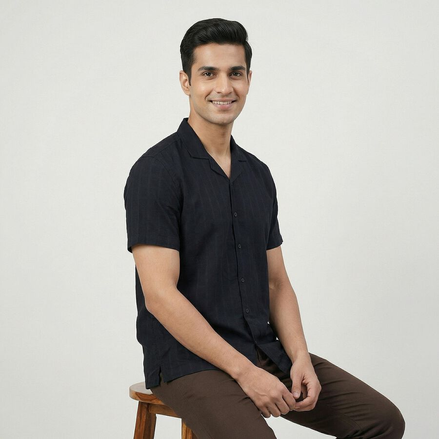 Men's Black Cotton Classic Casual Shirt, काला, large