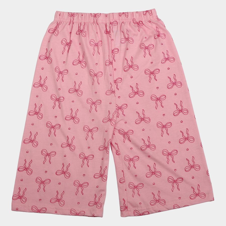 Girls Pink Wide Leg Printed Cotton Capri, गुलाबी, large