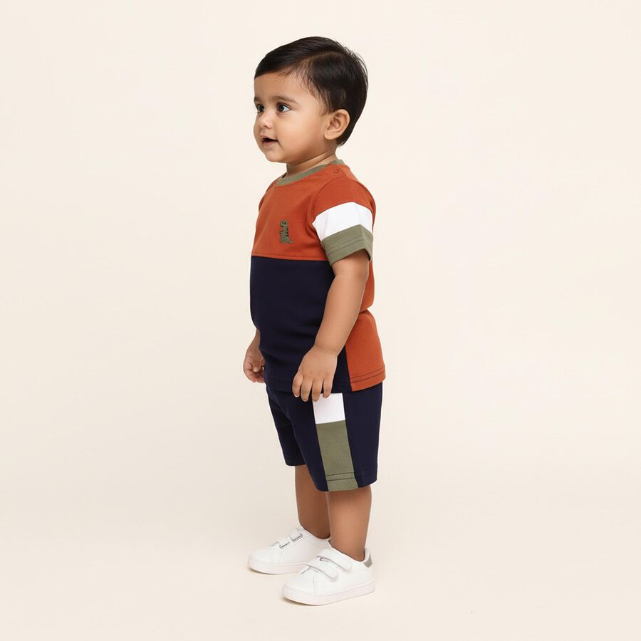 Infants' Rust Orange and Navy Cotton Round Neck Colorblock Baba Suit, नेवी ब्लू, large image number null