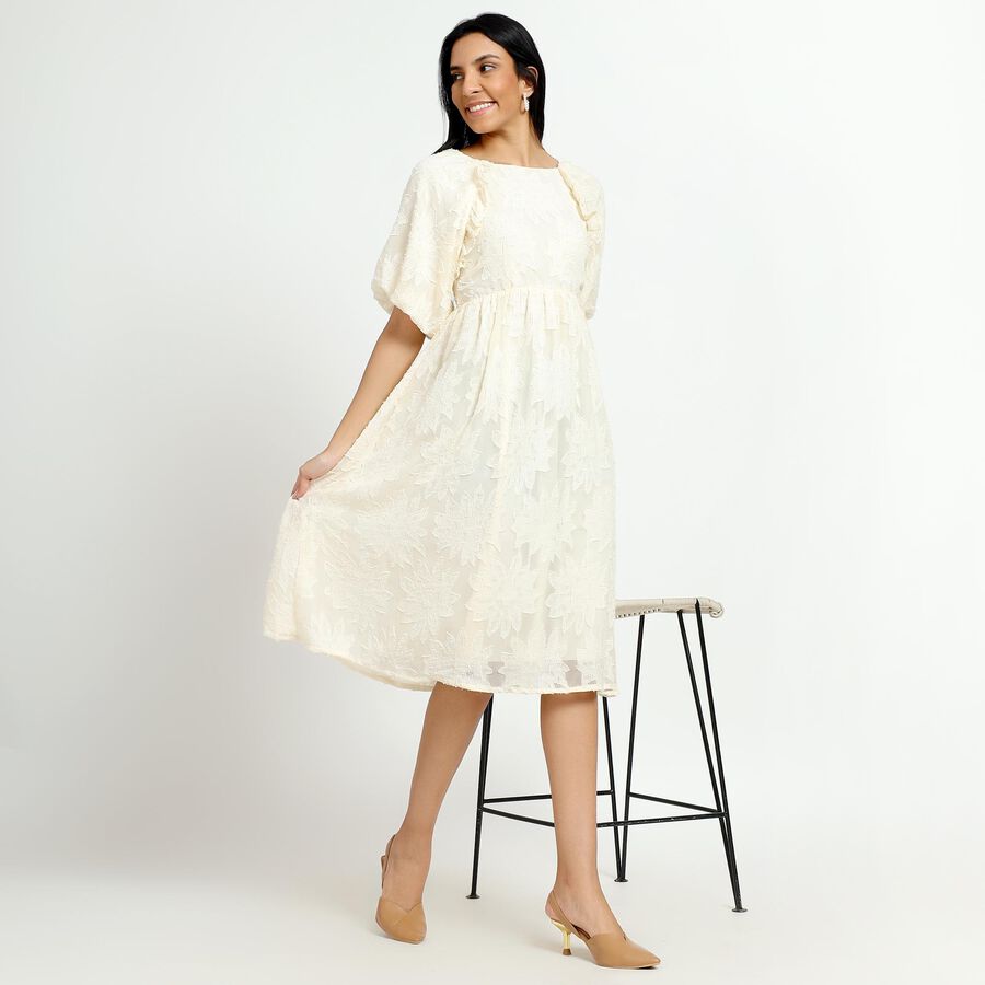 Women's Ivory Round Neck Romantic A-Line Dress, ऑफ व्हाइट, large image number null