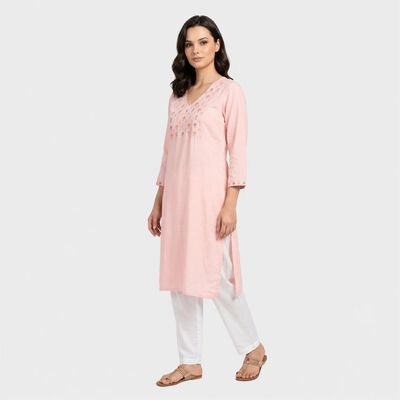 Women's Pink V-Neck Embroidered Kurta