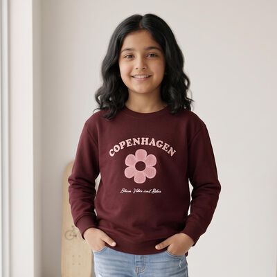 Girls' Wine Crew Neck Graphic Print Sweatshirt