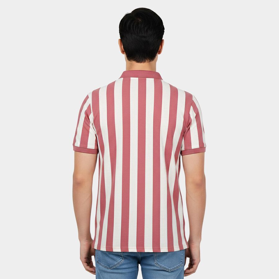 Men's Pink Polo Neck Striped T-Shirt, गुलाबी, large