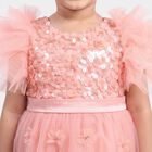 Girls' Light Pink Fit and Flare Sequin Applique Party Wear Frock, Light Pink, small
