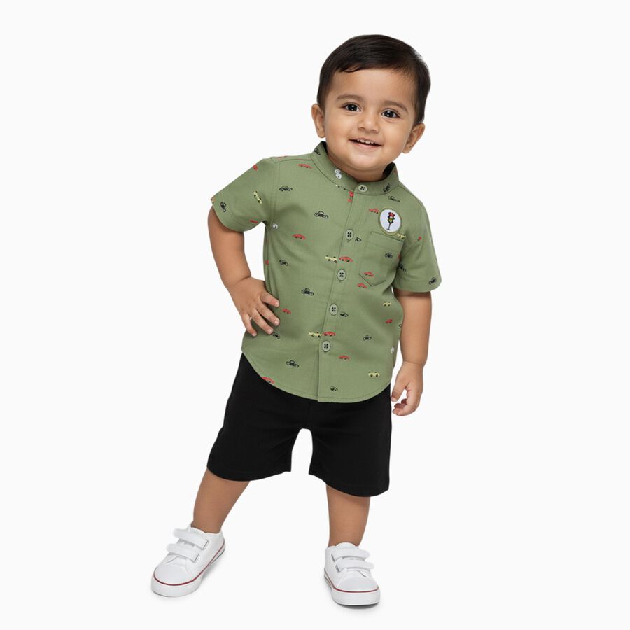 Boys Olive Green Cotton Half Sleeve Mandarin Collar Shirt, Olive, large image number null