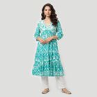 Women's Aqua Cotton V-Neck Printed Kurta, एक्वा, small